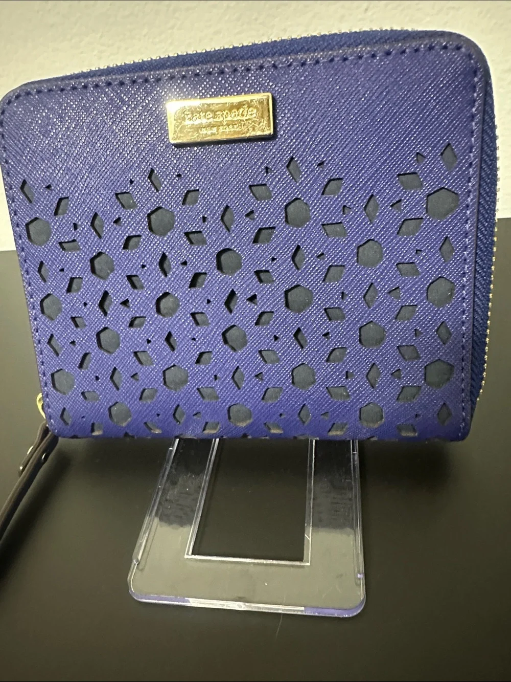 EUC kate spade cobalt blue laser-cut zip wallet with gold logo and Gold Zipper